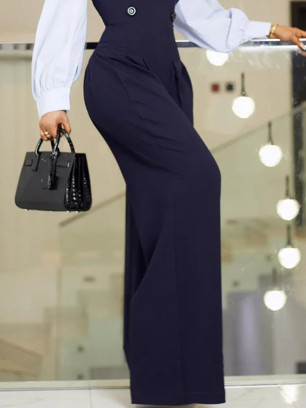 High-Waist Pleated Button-Detail Long-Sleeve Jumpsuit