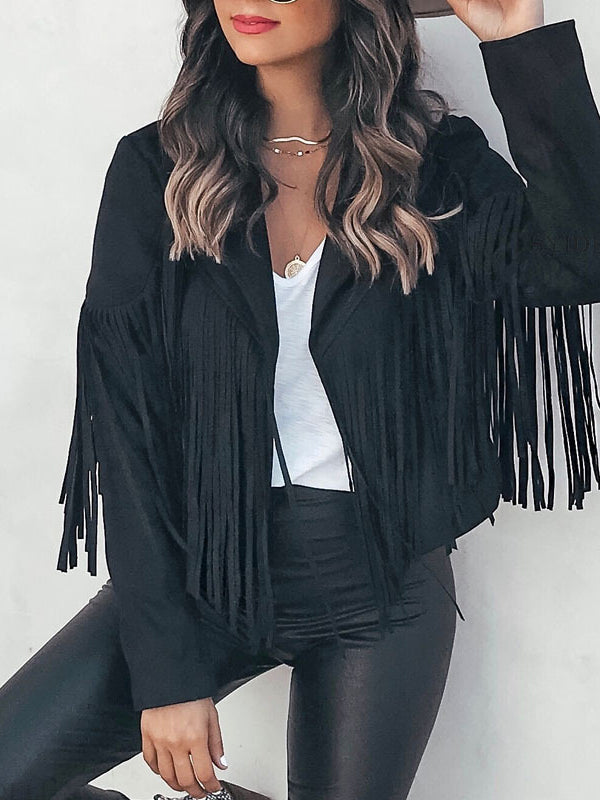 Notch-Collar Fringe Long-Sleeve Jacket