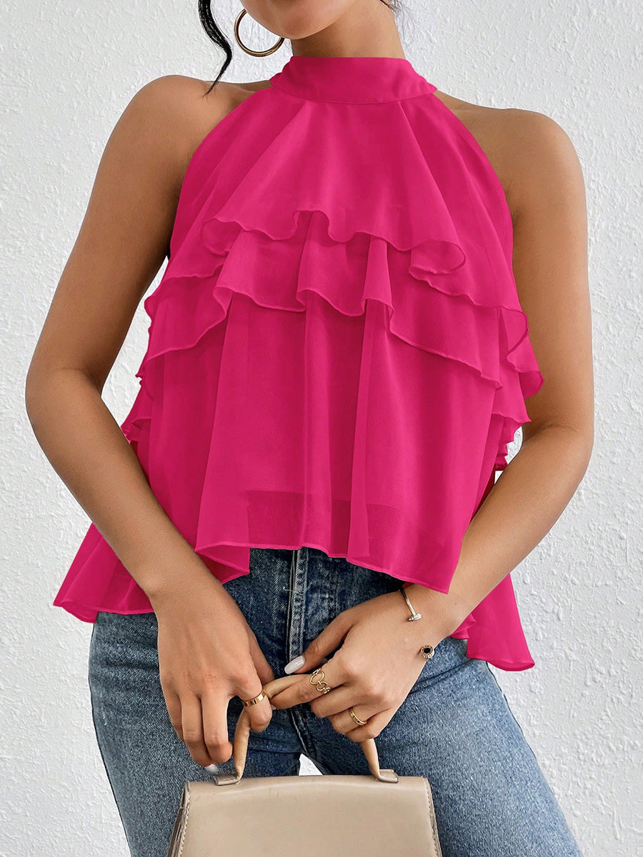 Halter-Neck Ruffle Sleeveless Cut-Out Tank Top