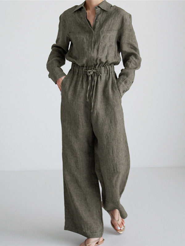 Linen Wide-Leg Drawstring Long-Sleeve Jumpsuit