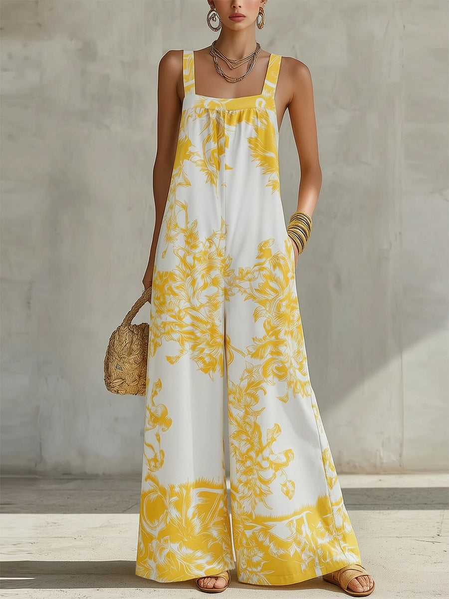 Floral Wide-Leg Pleated Pocket Jumpsuit