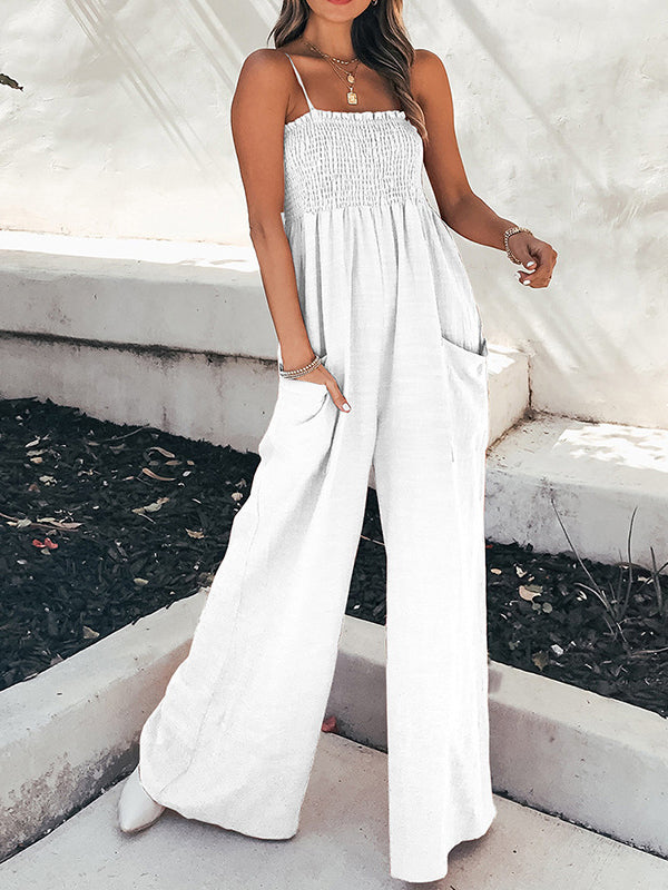 High-Waist Pleated Pocket Elastic Jumpsuit