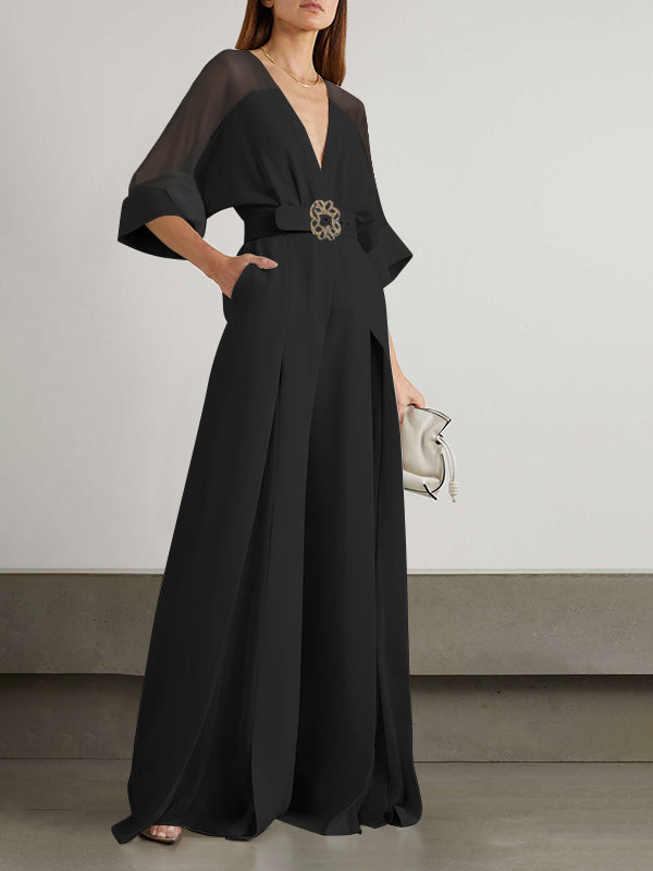 High-Waist V-Neck Contrast Jumpsuit