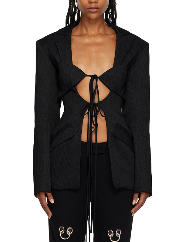 Notch-Collar Pocket Long-Sleeve Relaxed Blazer