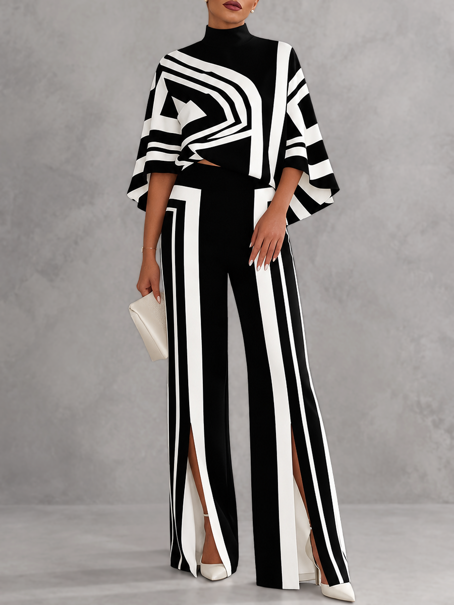 Striped Wide-Leg High-Waist Contrast Pants