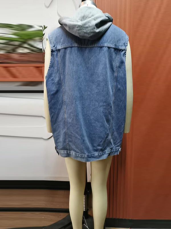 Hooded Drawstring Button-Detail Pocket Vest