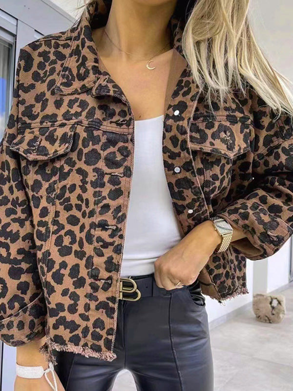 Leopard Print Fringe Button-Detail Pocket Jacket