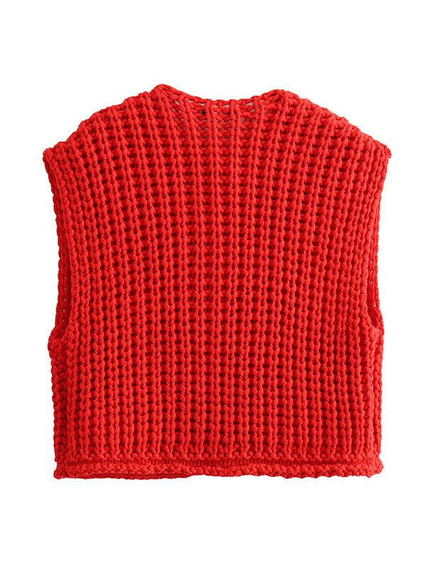 V-Neck Button-Detail Pocket Sleeveless Vest