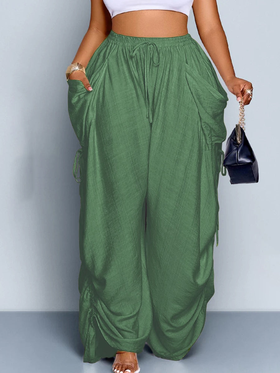 Wide-Leg Plus Size Drawstring Pocket Pants