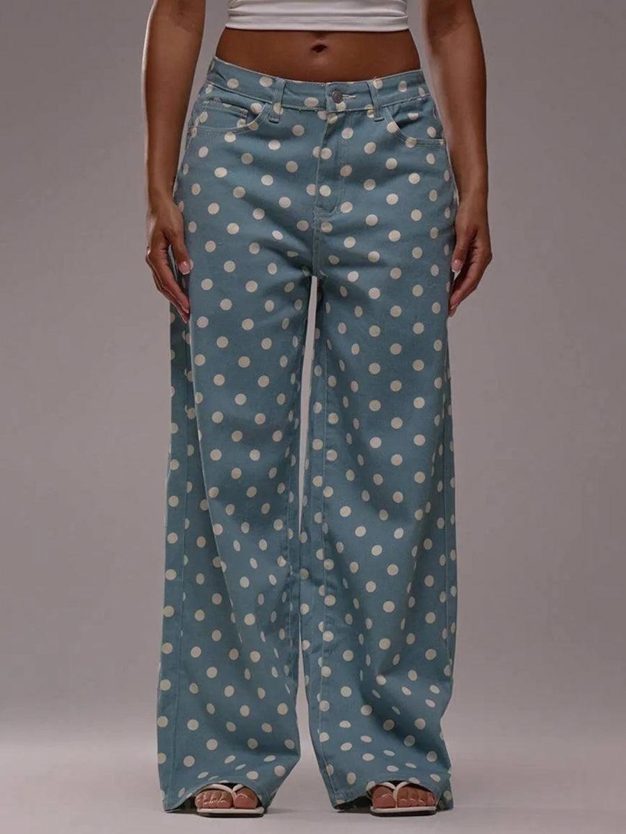 Polka Dot Wide-Leg High-Waist Button-Detail Belt