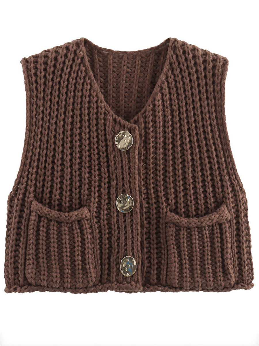Knit Button-Detail Pocket Sleeveless Cardigan