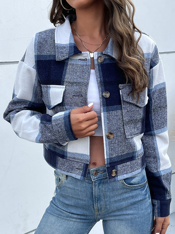 Checked Button-Detail Pocket Long-Sleeve Jacket