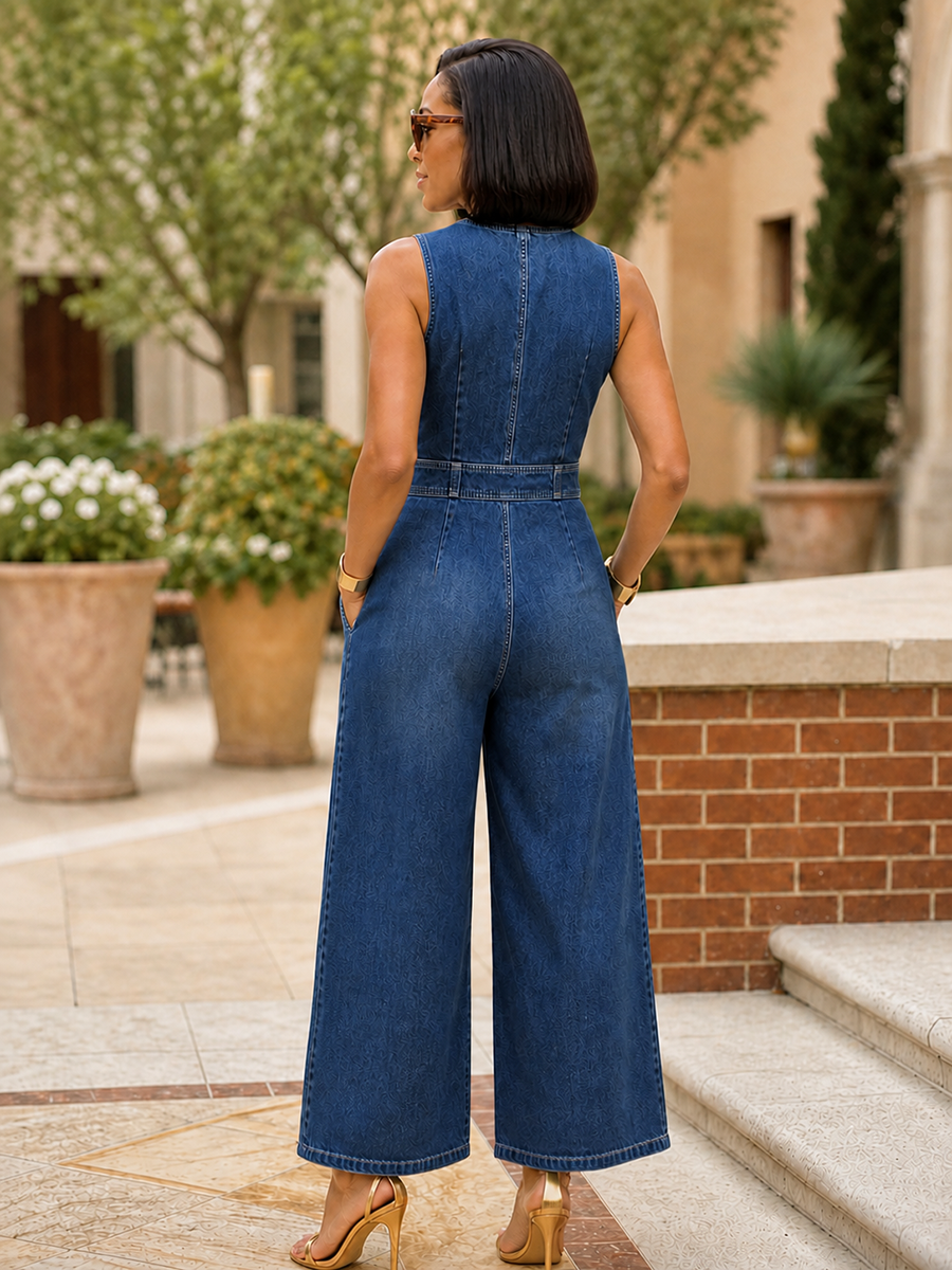 High-Waist Round-Neck Pleated Zip Jumpsuit