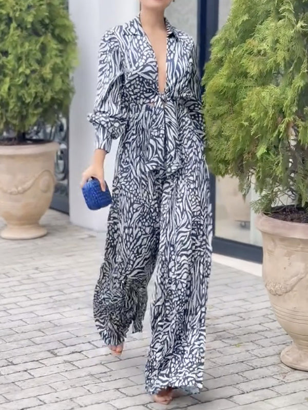 Printed V-Neck Pleated Relaxed Jumpsuit