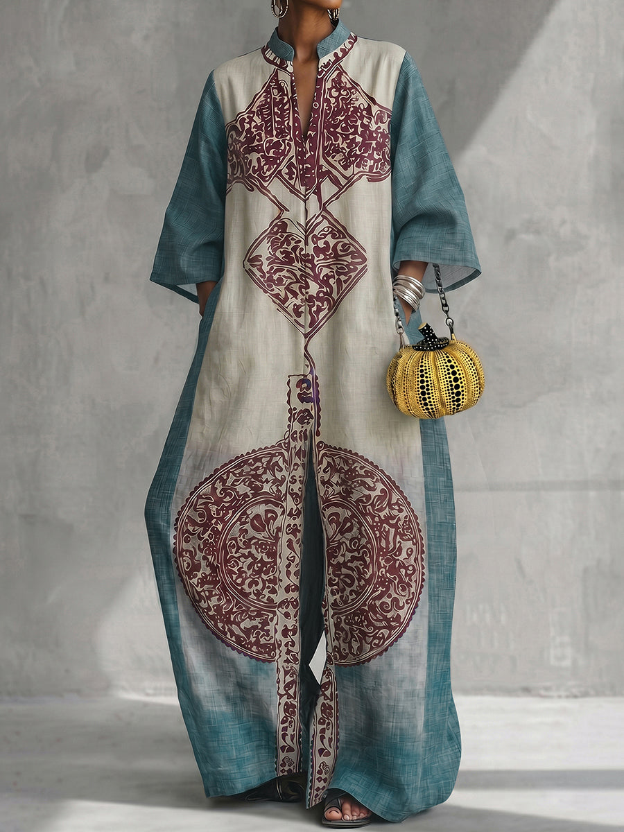 Printed V-Neck Pocket Three-Quarter Sleeve Jumpsuit