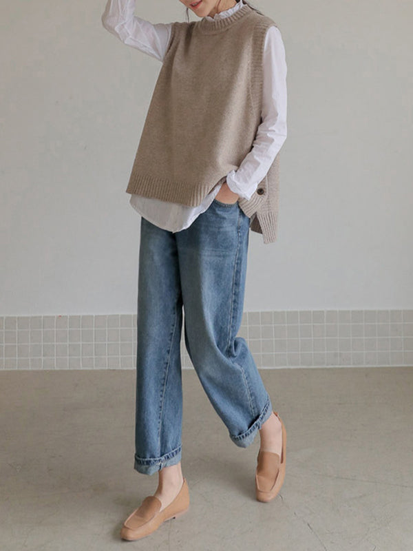 Round-Neck Button-Detail Sleeveless Relaxed Vest