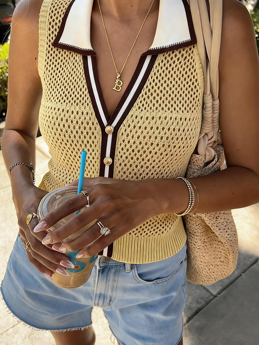 Button-Detail Sleeveless Relaxed Contrast Vest