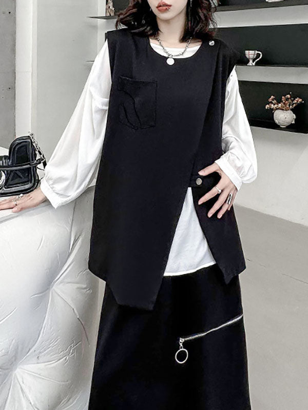 Round-Neck Asymmetric Zip Sleeveless Vest