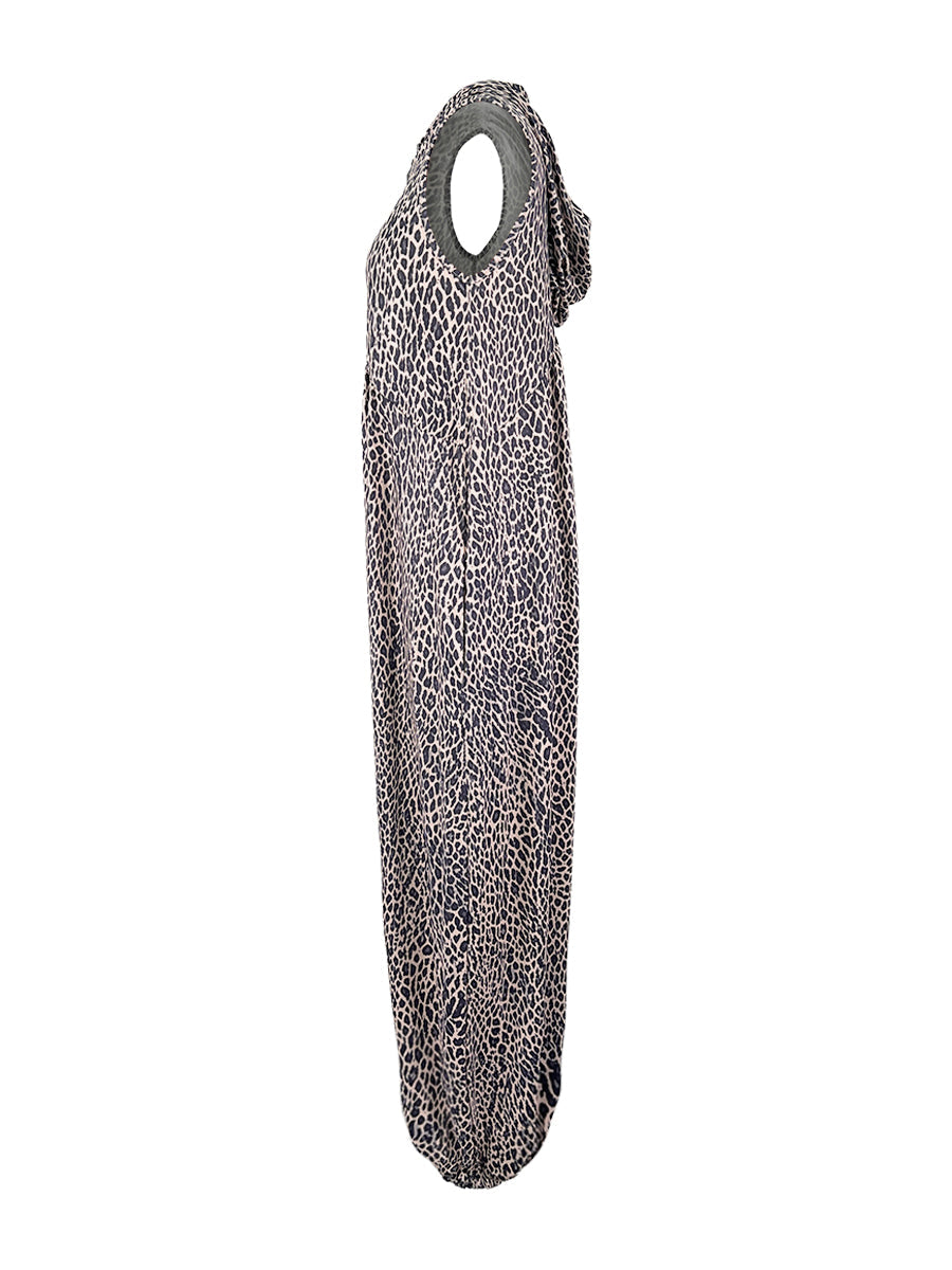 Leopard Print High-Waist Hooded Pleated Jumpsuit