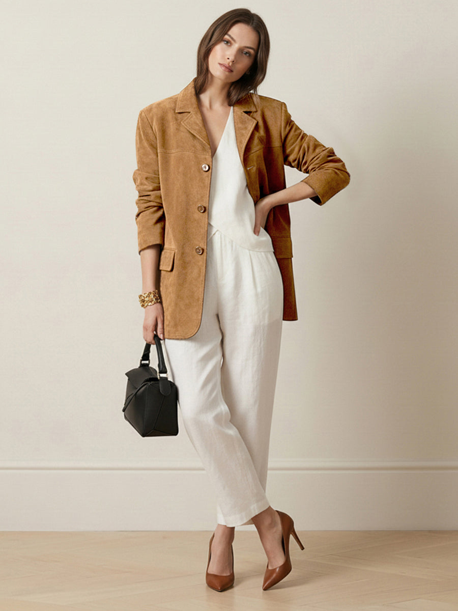 Notch-Collar Button-Detail Long-Sleeve Relaxed Blazer