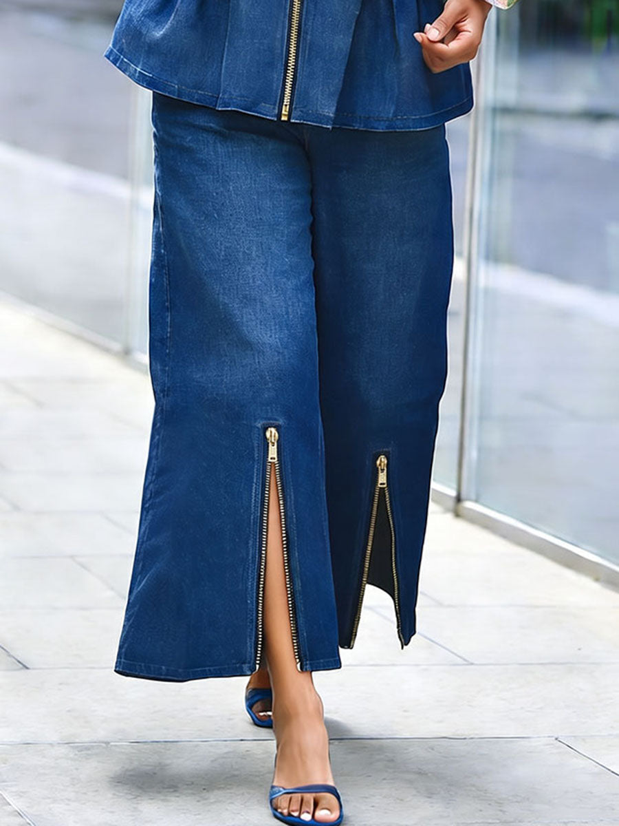 Wide-Leg Cropped Zip Pocket Pants