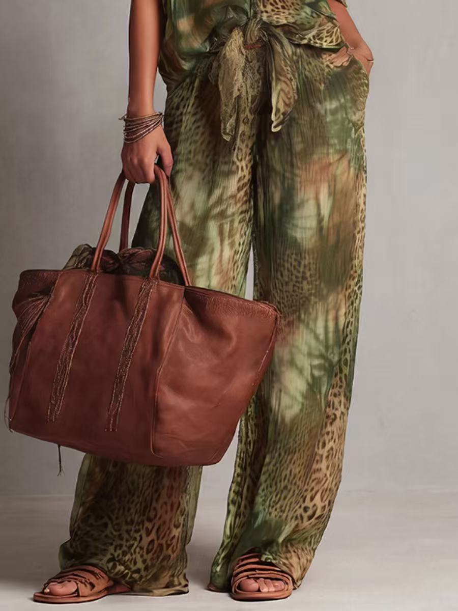 Leopard Print Wide-Leg High-Waist Pocket Pants