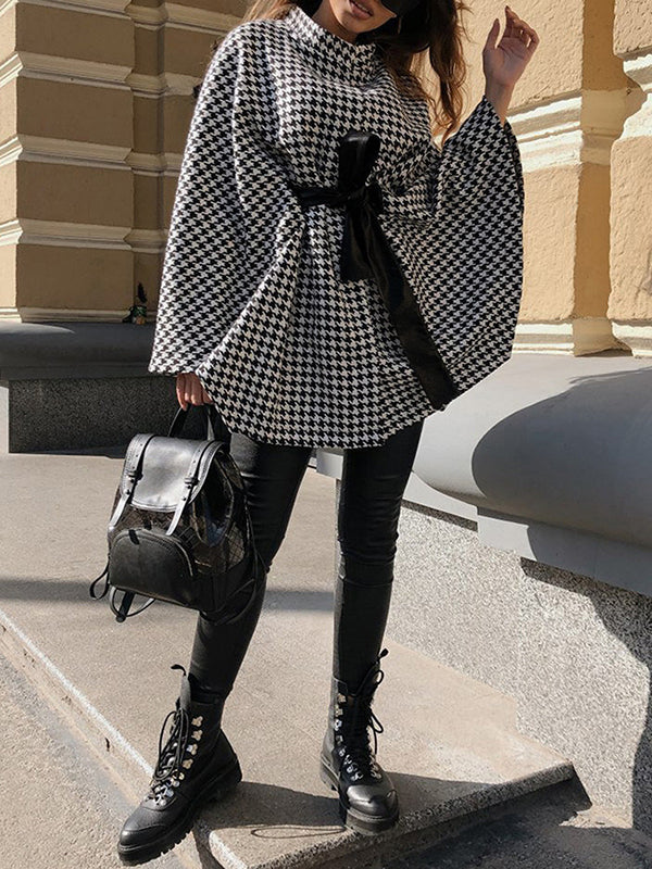 Houndstooth Stand-Collar Batwing Long-Sleeve Jacket