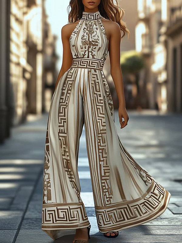 Printed Wide-Leg Halter-Neck Sleeveless Jumpsuit
