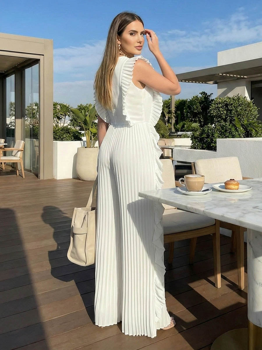 Round-Neck Pleated Ruffle Sleeveless Jumpsuit