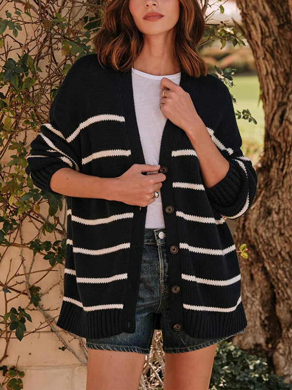 Striped V-Neck Long-Sleeve Relaxed Cardigan