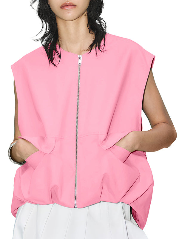 Round-Neck Zip Pocket Sleeveless Vest