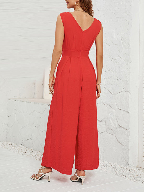 V-Neck Pleated Sleeveless Relaxed Jumpsuit