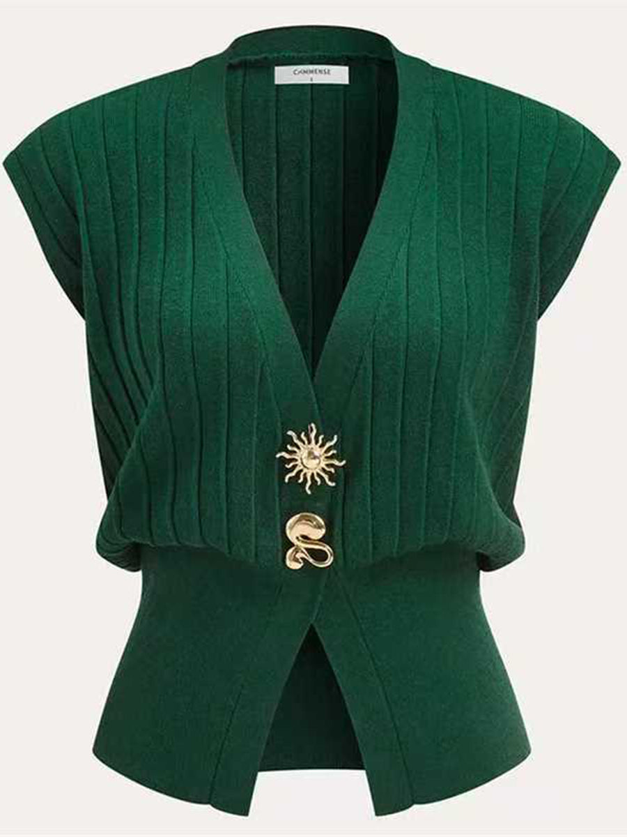 Ribbed Knit High-Waist V-Neck Buckle Vest