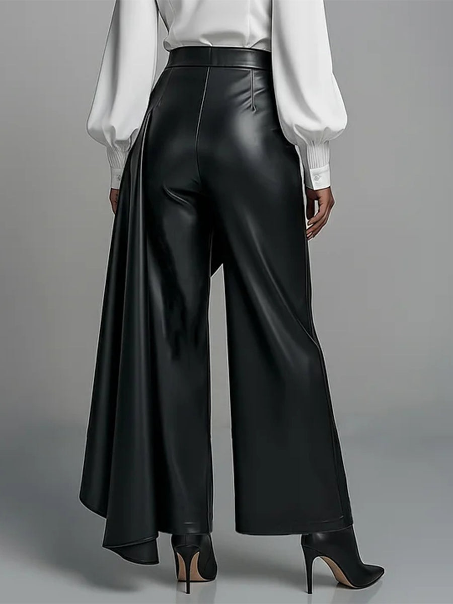 Wide-Leg High-Waist Pleated Button-Detail Pants