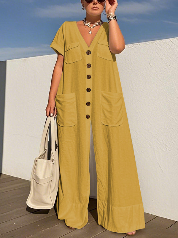 V-Neck Button-Detail Pocket Short-Sleeve Jumpsuit