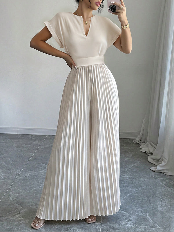 V-Neck Pleated Short-Sleeve Relaxed Jumpsuit