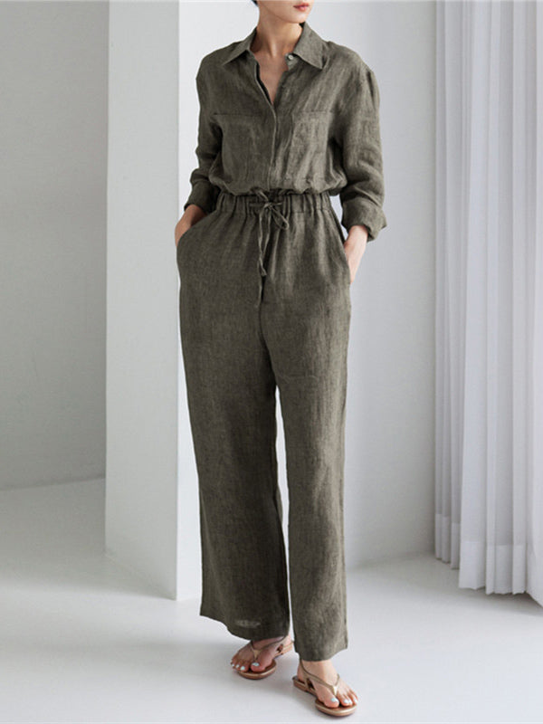 Linen Wide-Leg Drawstring Long-Sleeve Jumpsuit