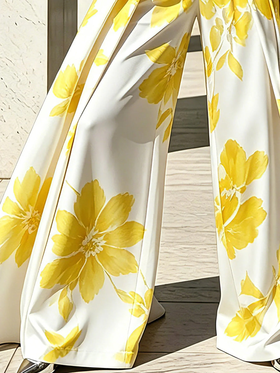 Floral Wide-Leg High-Waist Pleated Pants