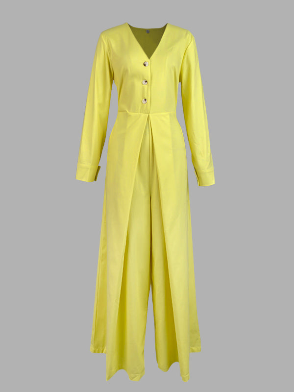 High-Waist V-Neck Button-Detail Pocket Jumpsuit