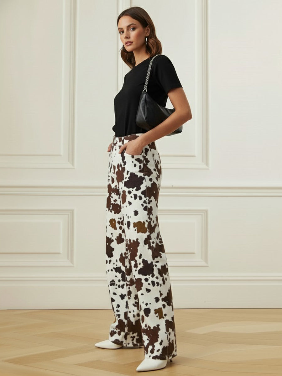 Printed High-Waist Contrast Pants