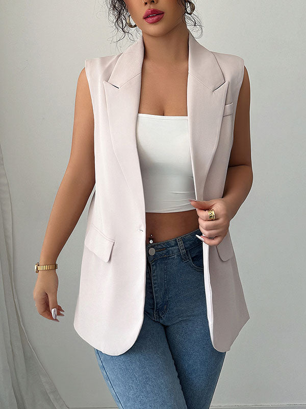 Notch-Collar Button-Detail Pocket Sleeveless Blazer
