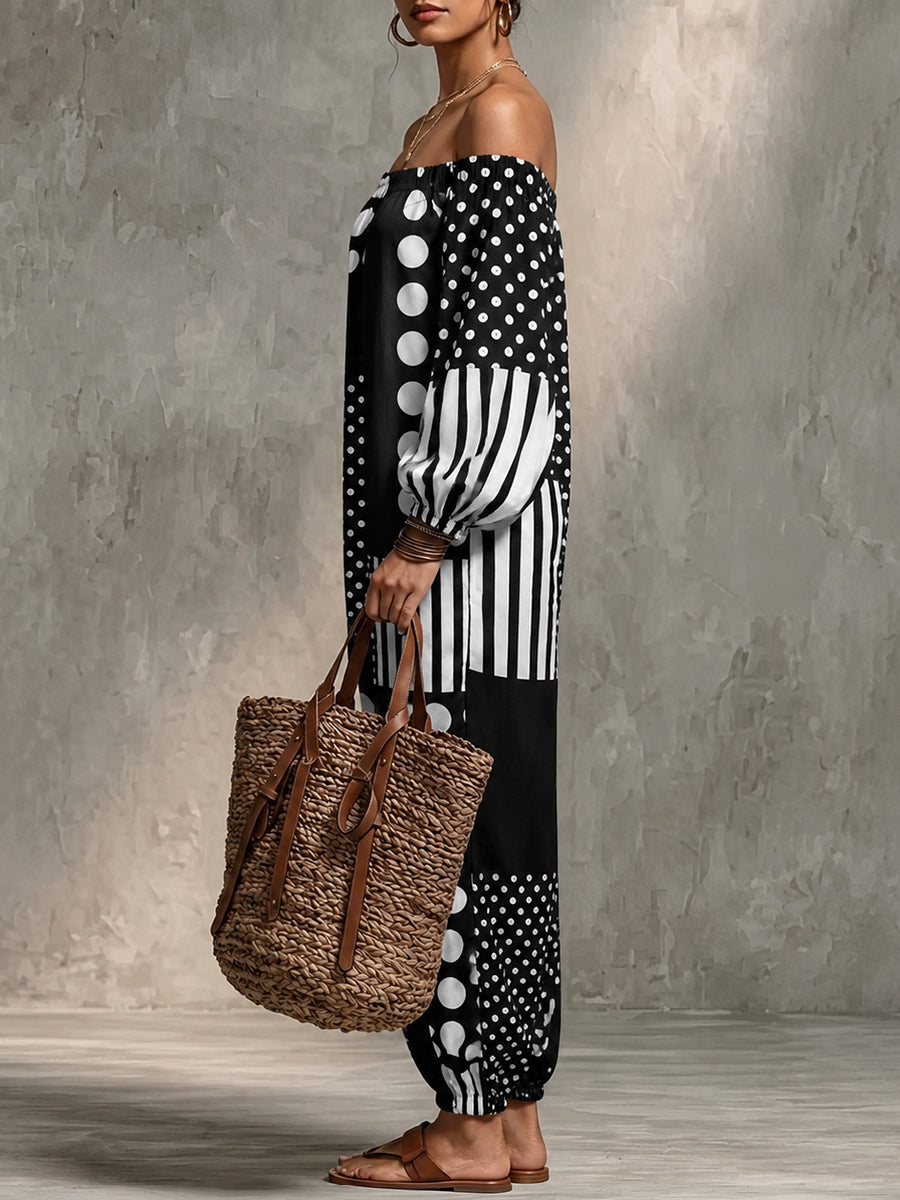Polka Dot Striped Long-Sleeve Elastic Jumpsuit