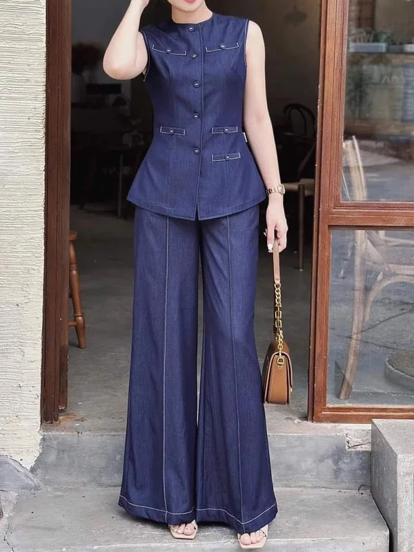 Round-Neck Button-Detail Pocket Sleeveless Vest