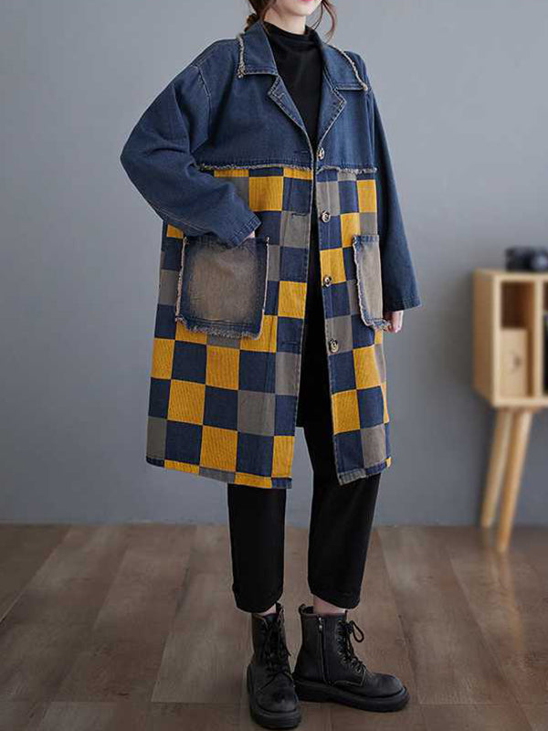 Checked Denim Notch-Collar Fringe Jacket