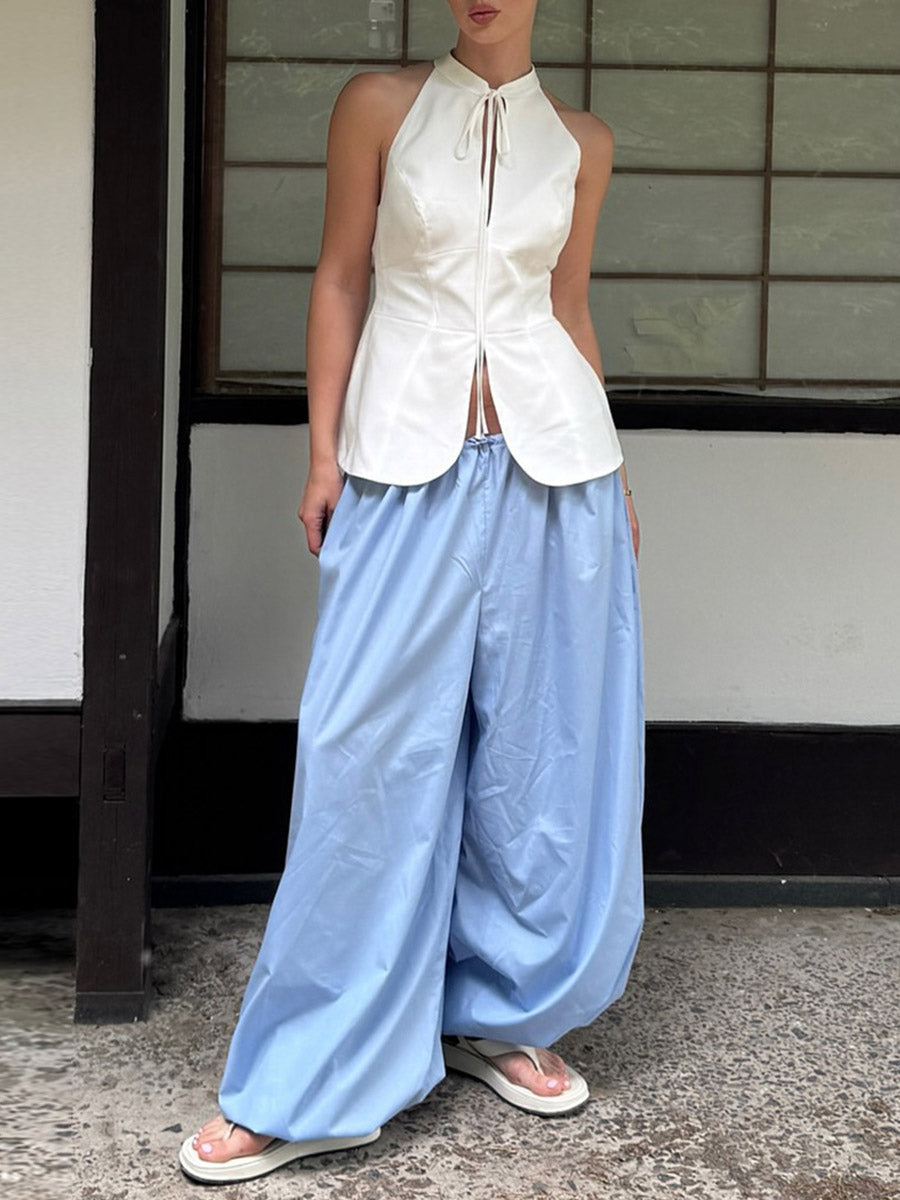 High-Waist Pleated Drawstring Pants