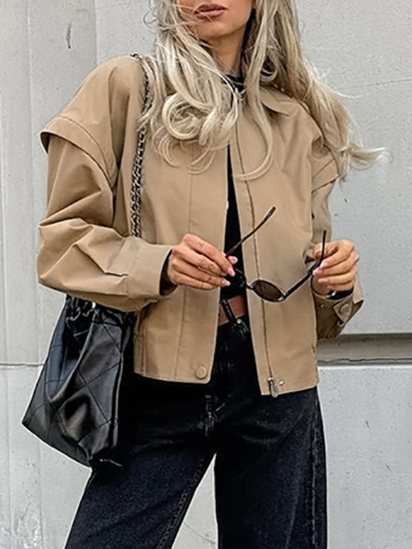 Button-Detail Zip Long-Sleeve Elastic Jacket