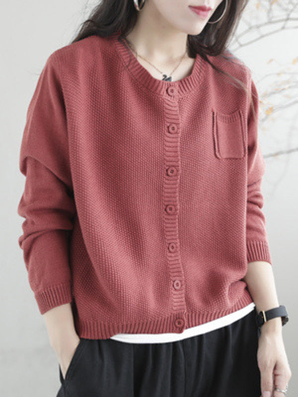 Round-Neck Button-Detail Long-Sleeve Relaxed Cardigan