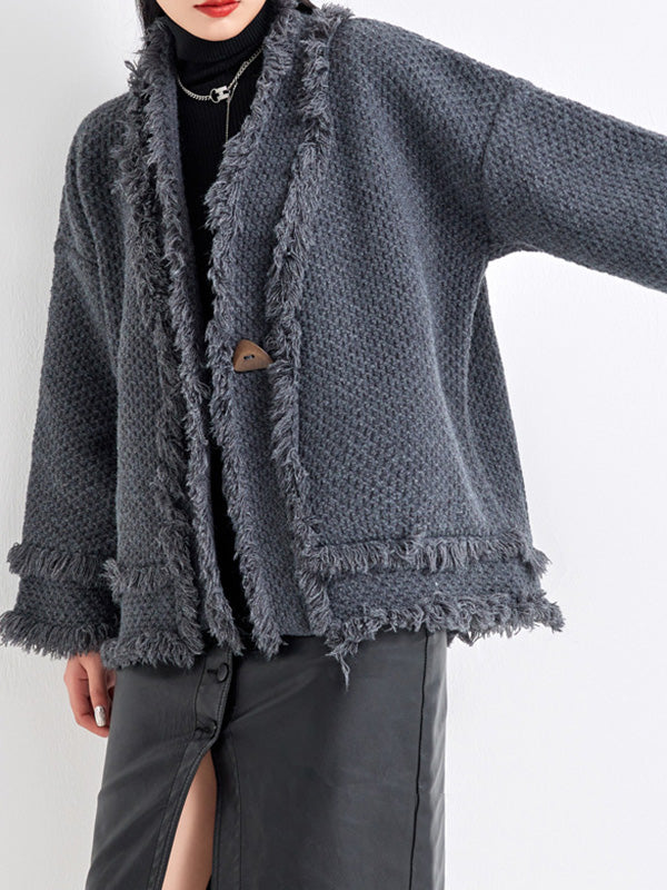 V-Neck Fringe Button-Detail Long-Sleeve Cardigan