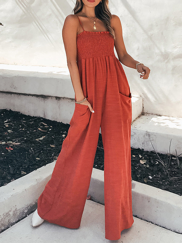 High-Waist Pleated Pocket Elastic Jumpsuit