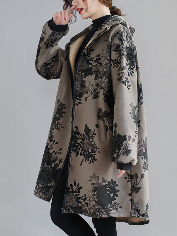 Floral Hooded Long-Sleeve Relaxed Jacket